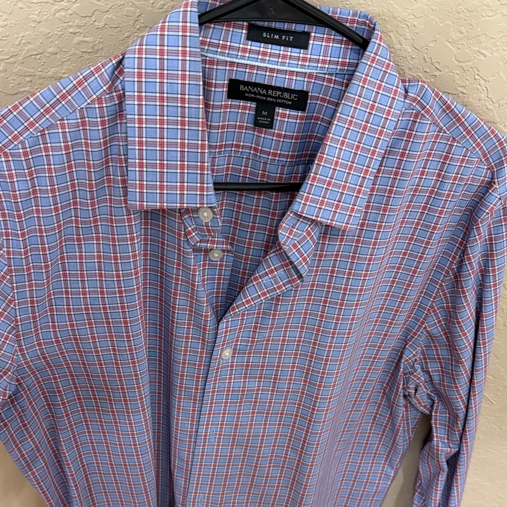 Banana Republic Men's Casual Plaid Shirt - Blue and Red